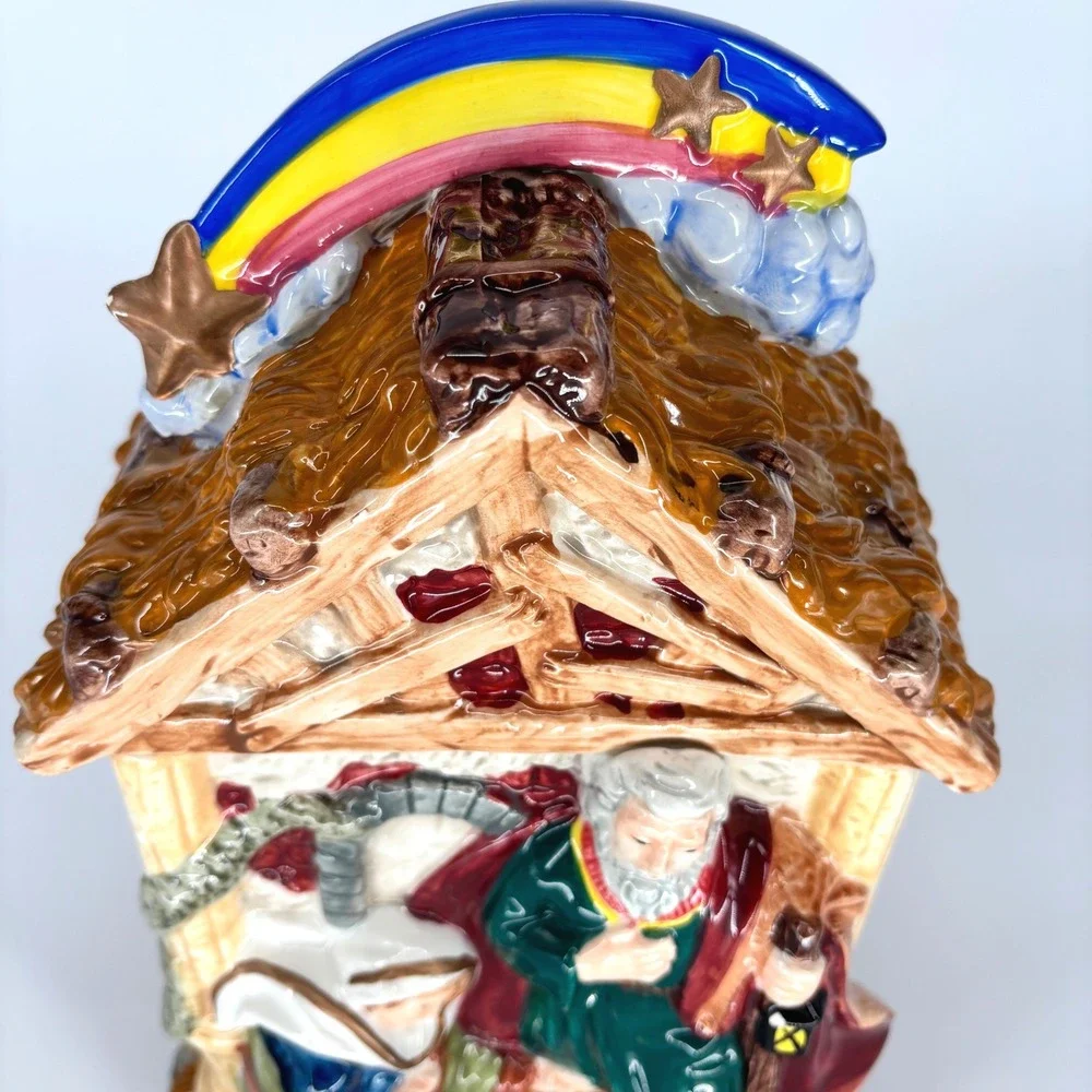 Mercuries Jesus Mary Joseph Cookie Jar Manger Nativity Christmas Rainbow